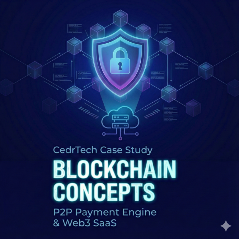 CedrTech case study featuring a glowing digital shield and lock connected to network nodes. Text reads: "CedrTech Case Study: Blockchain Concepts P2P Payment Engine & Web3 SaaS."
