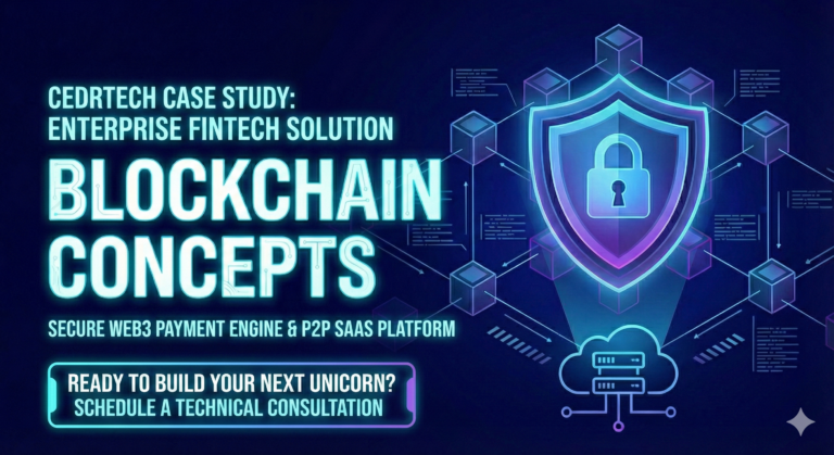 Digital technology illustration featuring a glowing blue shield and blockchain network nodes. Text reads "Secure P2P Engine Fintech Web3 SaaS" with a lock icon, representing secure payment architecture.